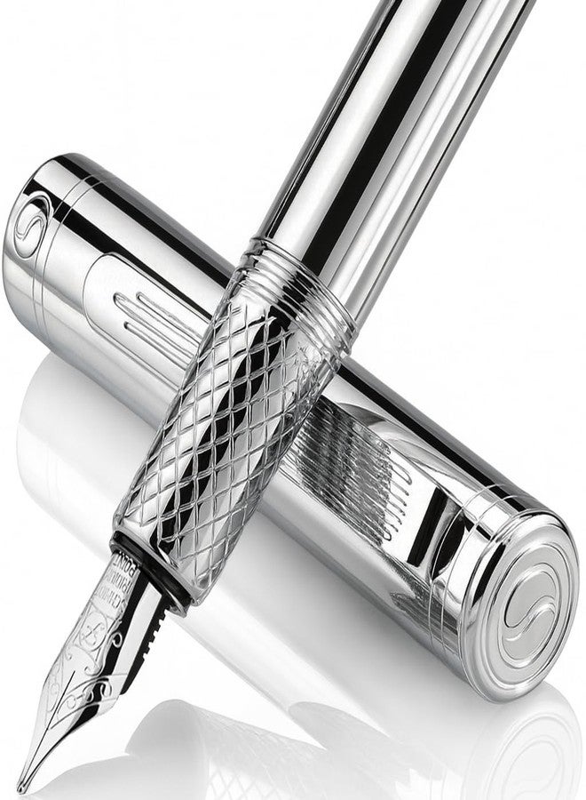 Scriveiner Silver Chrome Fountain Pen (Fine), Award Winning Luxury, Heavy Pocket, Chrome Finish, Schmidt Nib, Converter, Best EDC Writing Pen Gift Set for Men & Women, Nice Office Fancy - Image 1