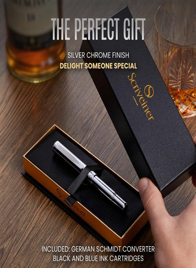 Scriveiner Silver Chrome Fountain Pen (Fine), Award Winning Luxury, Heavy Pocket, Chrome Finish, Schmidt Nib, Converter, Best EDC Writing Pen Gift Set for Men & Women, Nice Office Fancy - Image 3