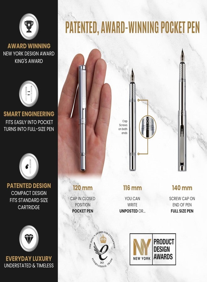 Scriveiner Silver Chrome Fountain Pen (Fine), Award Winning Luxury, Heavy Pocket, Chrome Finish, Schmidt Nib, Converter, Best EDC Writing Pen Gift Set for Men & Women, Nice Office Fancy - Image 4