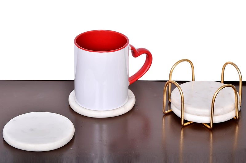 CentraLit طقم كوسترات رخامية بيضاء دائرية من 4 مع حامل - كوسترات بار للنبيذ للطاولة - طقم من 4 كوسترات رخامية يدوية الصنع مع حامل (شكل دائري) (ذهبي) - Image 5