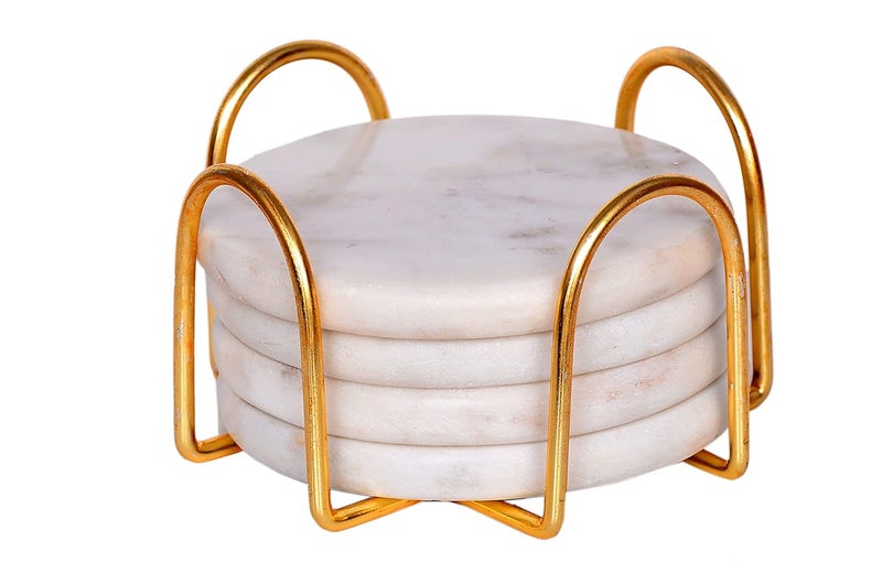 CentraLit طقم كوسترات رخامية بيضاء دائرية من 4 مع حامل - كوسترات بار للنبيذ للطاولة - طقم من 4 كوسترات رخامية يدوية الصنع مع حامل (شكل دائري) (ذهبي) - Image 4