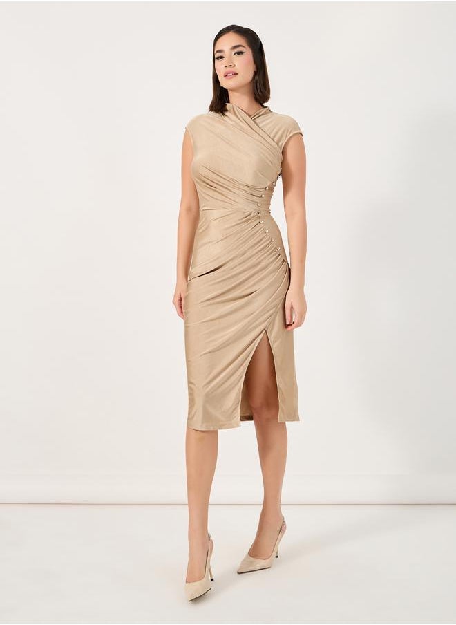 Styli Pleated Bodycon Midi Dress with Button Accent  - Image 4