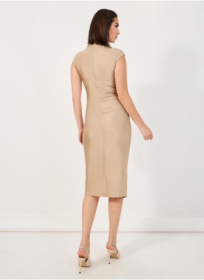 Styli Pleated Bodycon Midi Dress with Button Accent  - Image 5