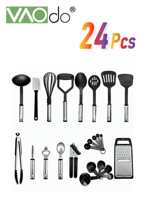 24 Pieces Kitchen Cooking Utensil Set with Stainless Steel Holder Collection for Turner Tongs Spatula Spoon Brush Whisk