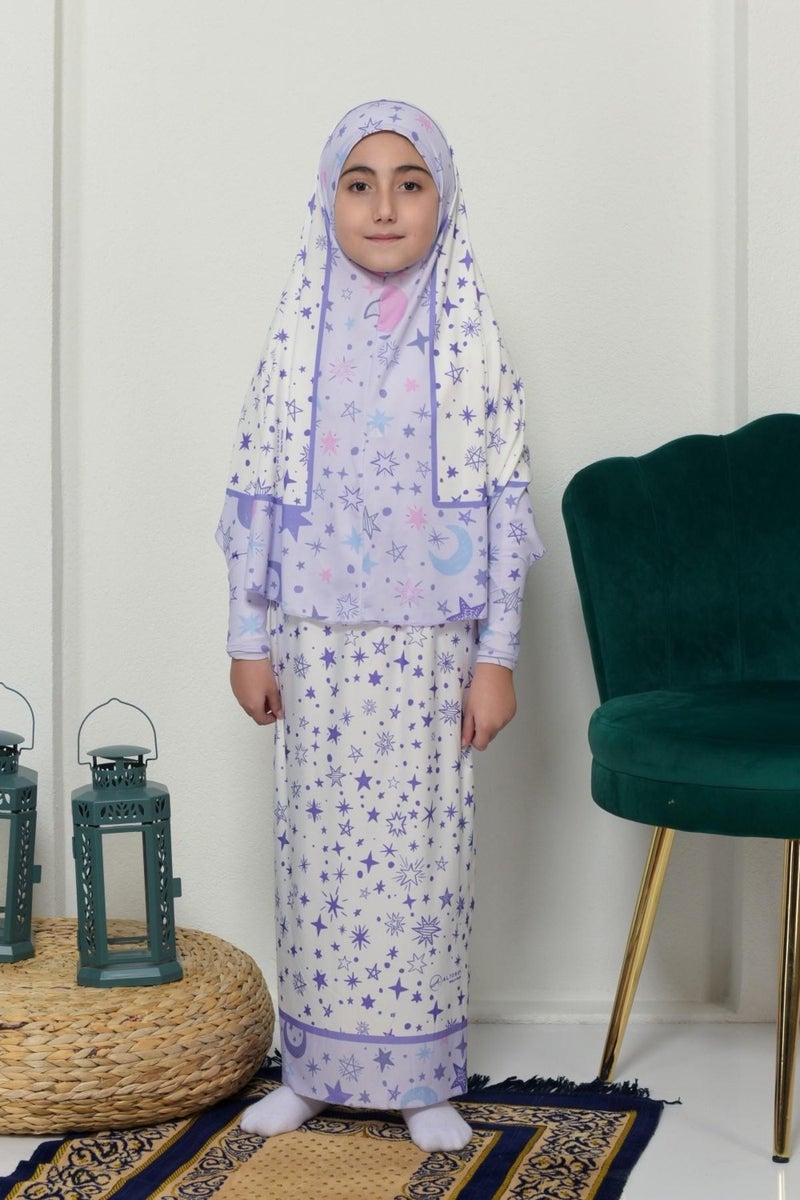 Altobeh Children's Prayer Set Practical Two-Piece Patterned Sleeved Removable Lycra Hijab Dress with Headscarf (6-12 Years Old) 901-0301 - Image 1