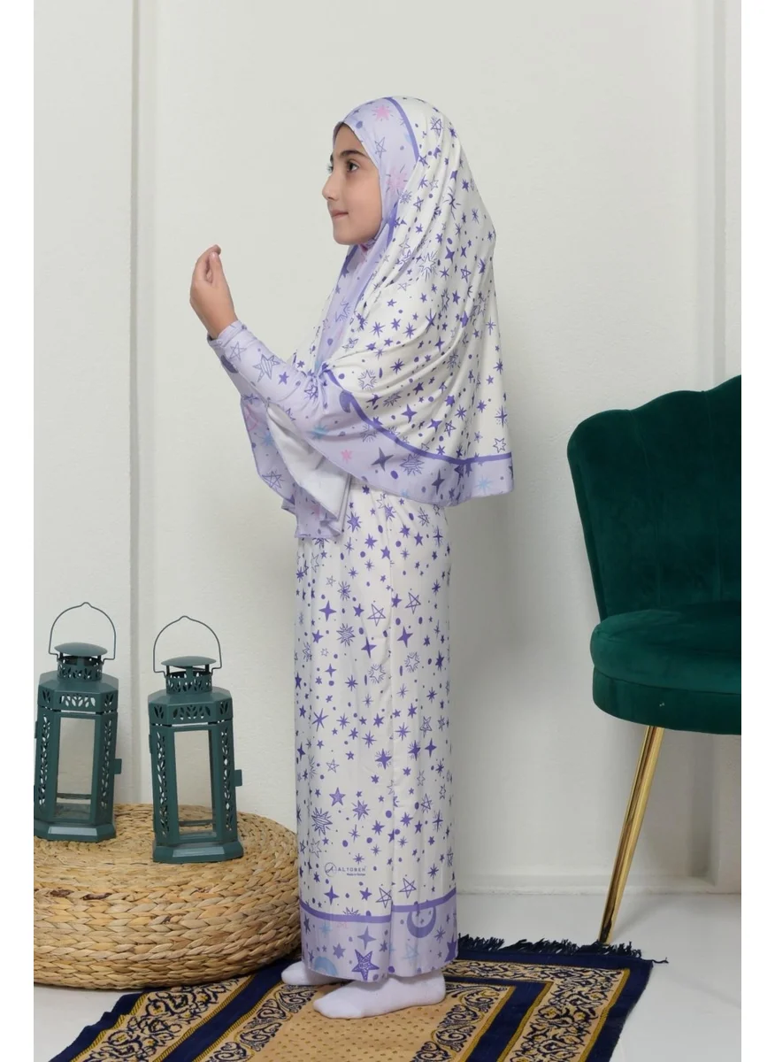 التوبة Children's Prayer Set Practical Two-Piece Patterned Sleeved Removable Lycra Hijab Dress with Headscarf (6-12 Years Old) 901-0301