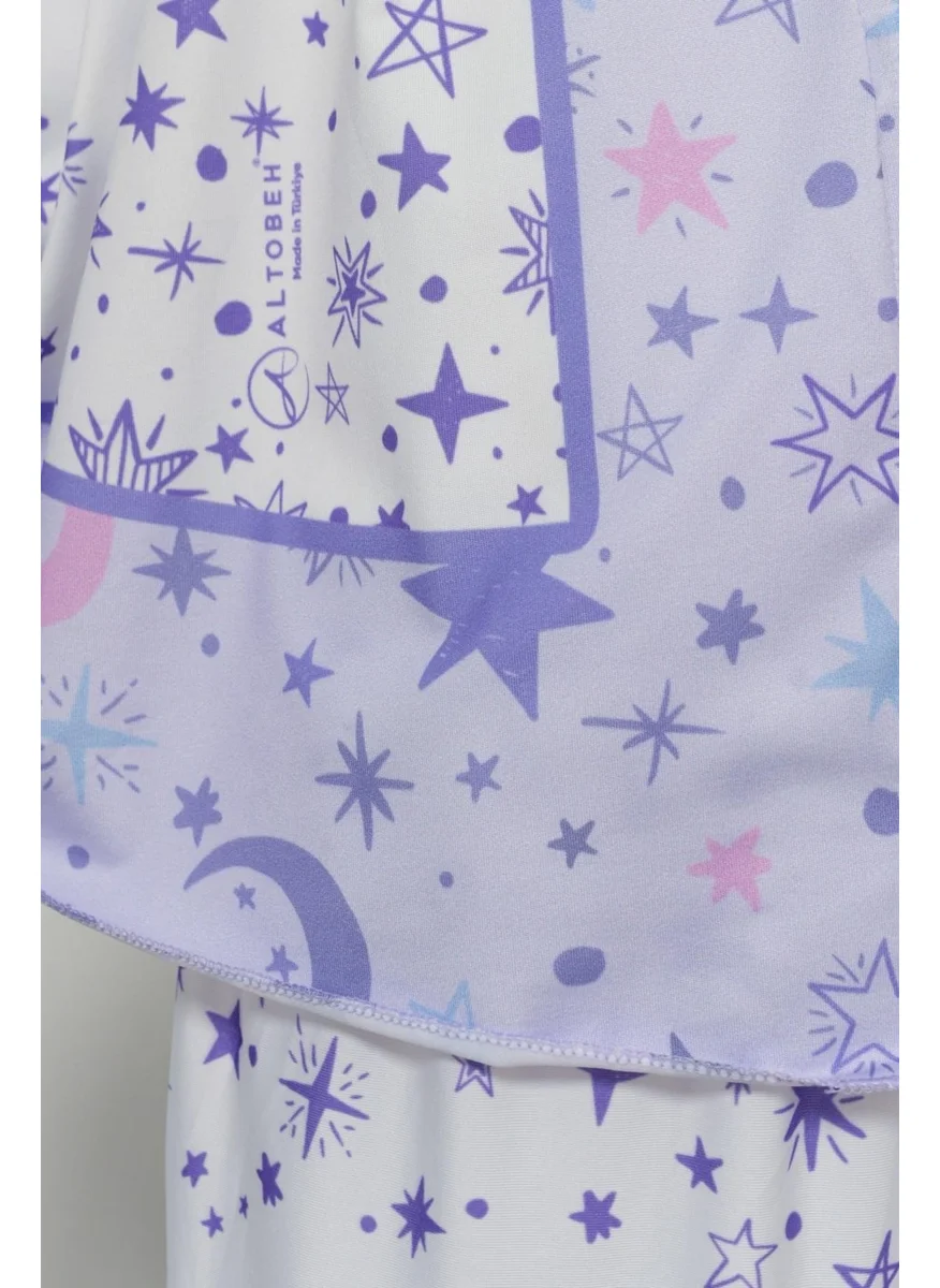 التوبة Children's Prayer Set Practical Two-Piece Patterned Sleeved Removable Lycra Hijab Dress with Headscarf (6-12 Years Old) 901-0301