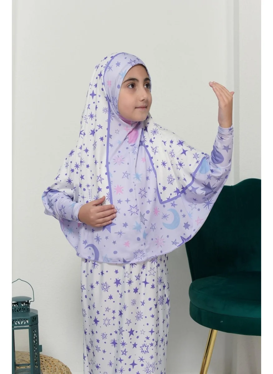 التوبة Children's Prayer Set Practical Two-Piece Patterned Sleeved Removable Lycra Hijab Dress with Headscarf (6-12 Years Old) 901-0301