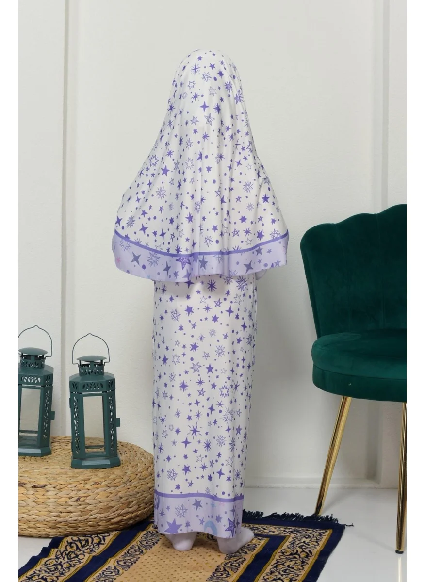 التوبة Children's Prayer Set Practical Two-Piece Patterned Sleeved Removable Lycra Hijab Dress with Headscarf (6-12 Years Old) 901-0301