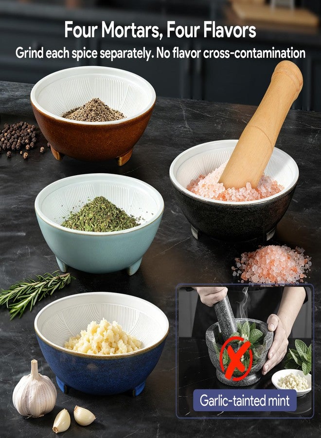 SYOKAMI 4Pcs Mortar and Pestle Set with Silicone Cover, 1.25 Cup Small Ceramic Bowl, Lightweight with Grinding Ridge, High Efficiency Grind Spices, Make Fresh Guacamole, Spice, Herb, Color-Coded, Gift - Image 2