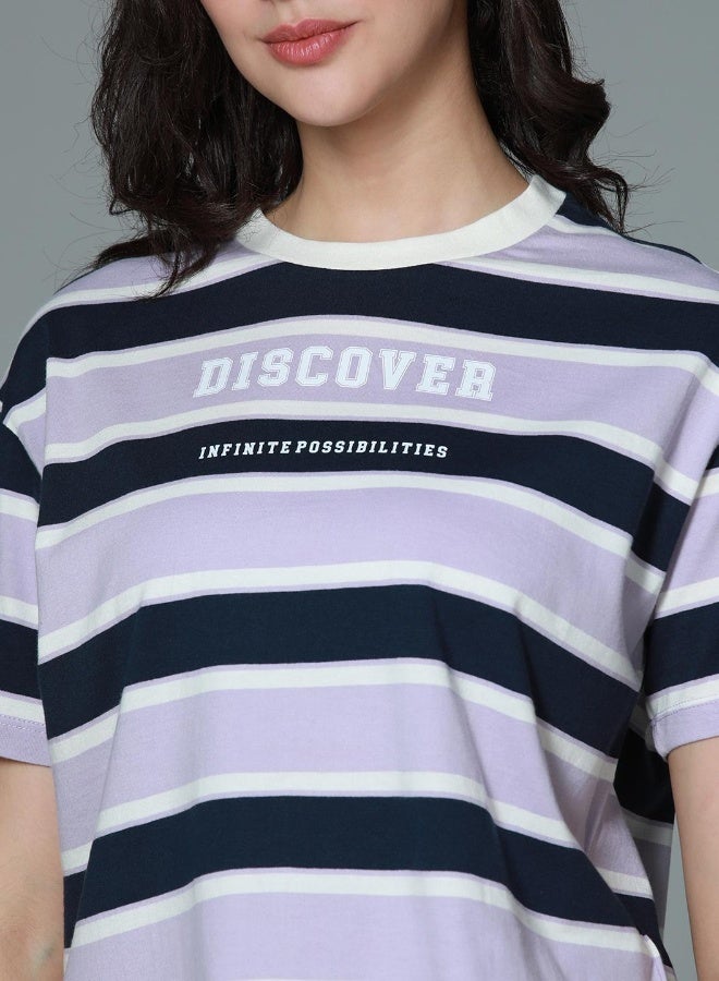 HIGH STAR Women's Lavender 100% Cotton Striped Boxy T-Shirt  - Image 3