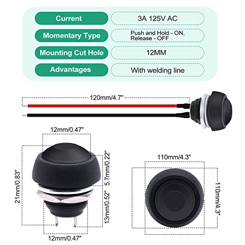 Twidec/6Pcs 12mm Momentary Push Button Switch 1/2" Mounting Hole On Off Mini Round Waterproof Black with Pre-soldered Wires PBS-33B-BK-X - Image 2