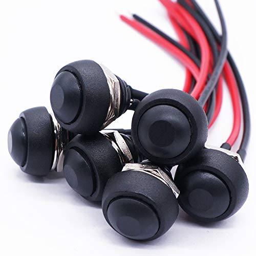 Twidec/6Pcs 12mm Momentary Push Button Switch 1/2" Mounting Hole On Off Mini Round Waterproof Black with Pre-soldered Wires PBS-33B-BK-X - Image 1