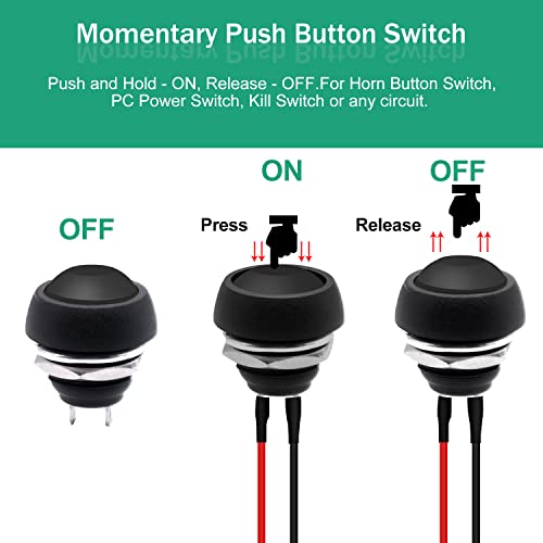 Twidec/6Pcs 12mm Momentary Push Button Switch 1/2" Mounting Hole On Off Mini Round Waterproof Black with Pre-soldered Wires PBS-33B-BK-X - Image 4