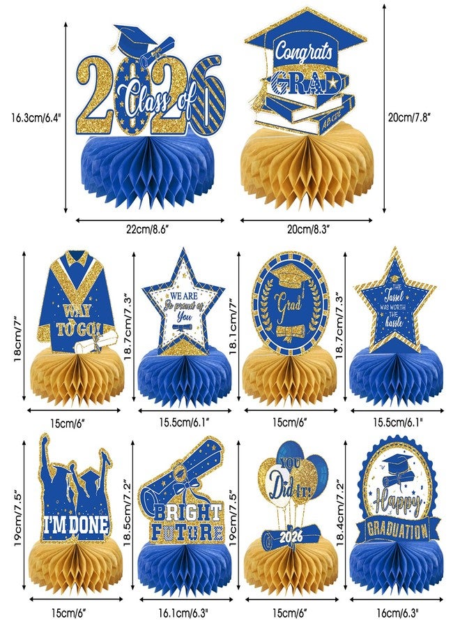 MOORAY 10PCS Graduation Party Decorations Class of 2026 Congrats Grad Table Centerpieces Congratulate Graduation Honeycomb Table Toppers for Graduation Party Supplies(Blue Gold) - Image 2