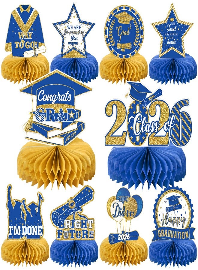 MOORAY 10PCS Graduation Party Decorations Class of 2026 Congrats Grad Table Centerpieces Congratulate Graduation Honeycomb Table Toppers for Graduation Party Supplies(Blue Gold) - Image 1