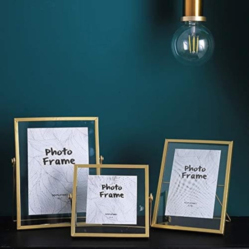 Set of 3 Glass Photo Frame Collection - Modern Metal Geometric Picture Frame with Glass Cover, Metal Tabletop Standing Glass Floating Picture Frame Home Decor Artwork Photo Display Gold - Image 2