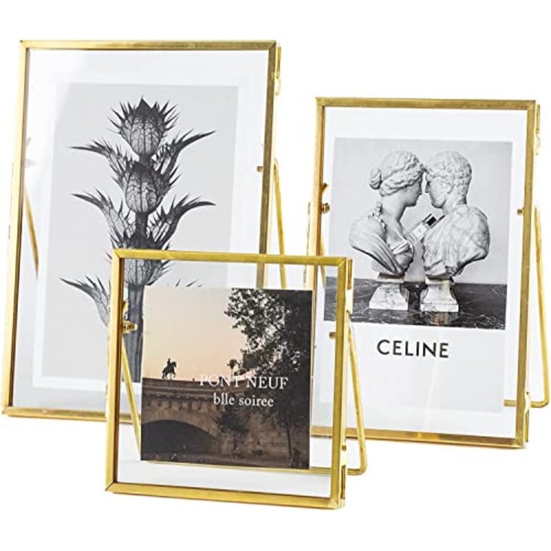 Set of 3 Glass Photo Frame Collection - Modern Metal Geometric Picture Frame with Glass Cover, Metal Tabletop Standing Glass Floating Picture Frame Home Decor Artwork Photo Display Gold - Image 1