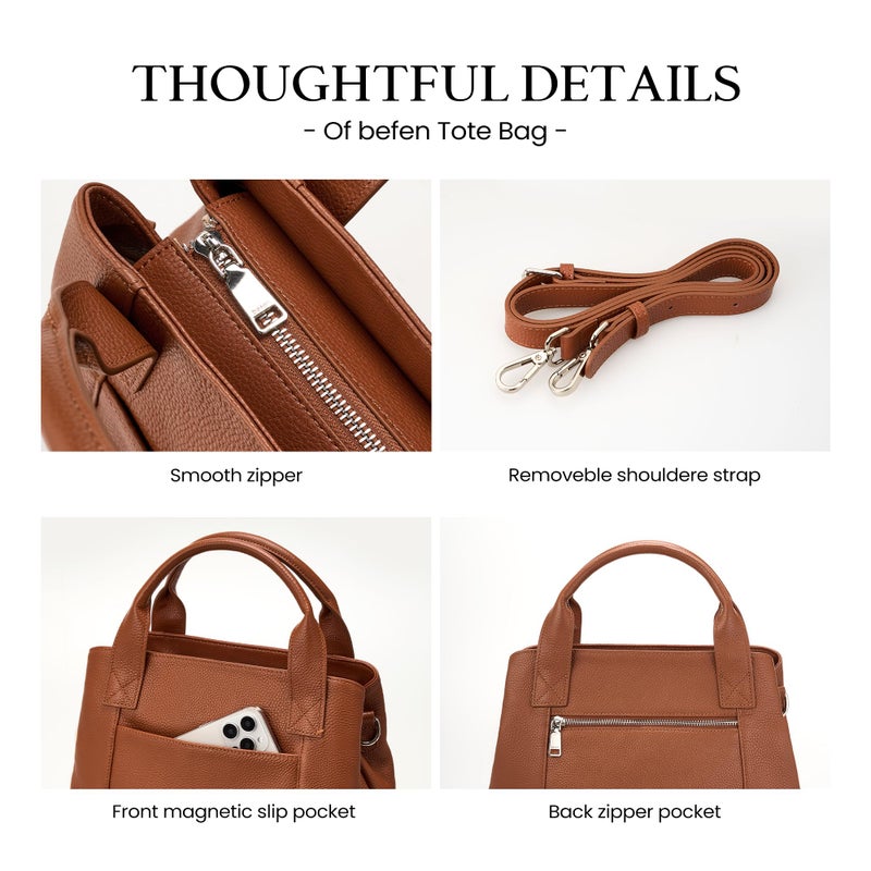 befen Womens Genuine Leather Purse and Handbags, Crossbody Shoulder Bags for Women, Small Satchel Tote Bag with Zipper Cognac Brown - Image 4
