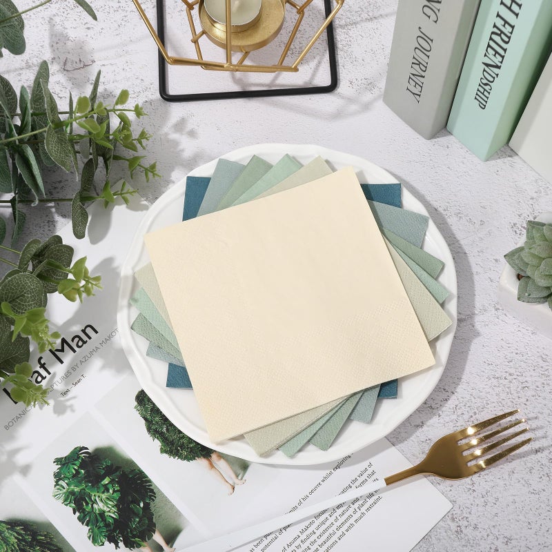 Whaline 120Pcs Sage Green Dusty Blue Cocktail Napkin 6 Gradient Color Paper Napkins Green Blue Milky White Disposable Dinner Napkins for Wedding Baby Shower Supplies - Image 3