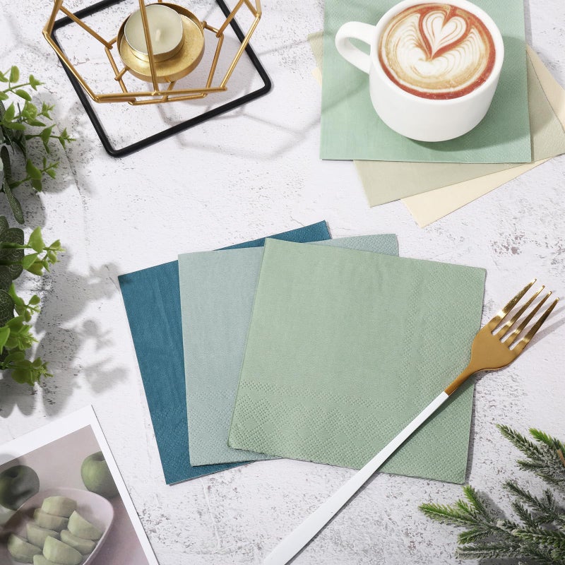 Whaline 120Pcs Sage Green Dusty Blue Cocktail Napkin 6 Gradient Color Paper Napkins Green Blue Milky White Disposable Dinner Napkins for Wedding Baby Shower Supplies - Image 4