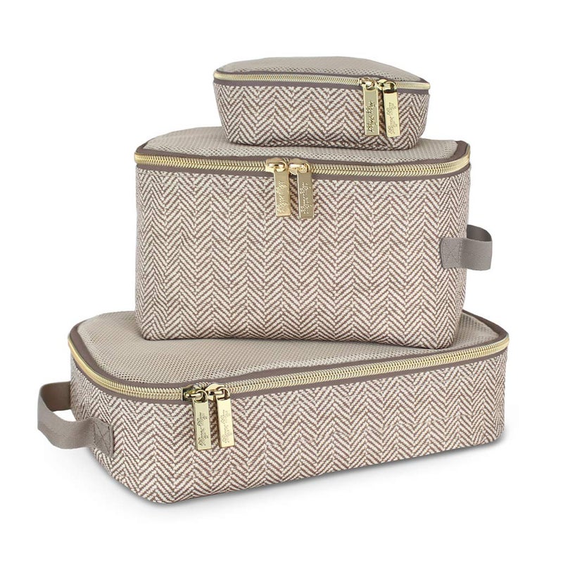 Itzy Ritzy Itzy Ritzy Packing Cubes for Travel Set of 3 Packing Cubes or Travel Organizers Each Cube Features a Mesh Top Double Zippers and a Fabric Handle Taupe