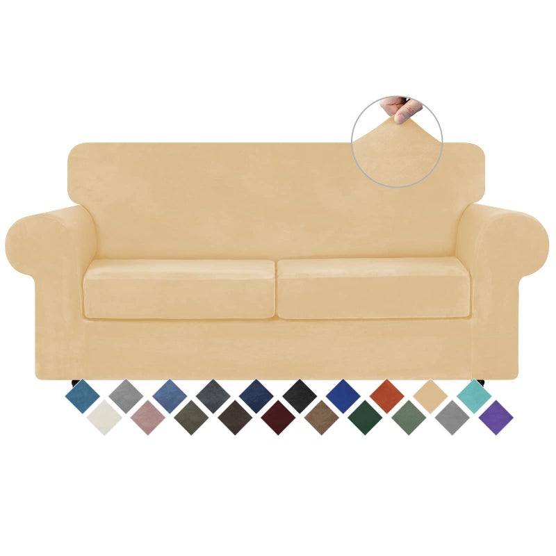 WEERRW Velvet Couch Covers for 2 Cushion Couch Sofa - High Stretch Luxury Velvet Plush 3 Pieces Sofa Slipcovers with Elastic Bottom, Furniture Protector for Pets, Machine Washable, Champagne, Medium - Image 1