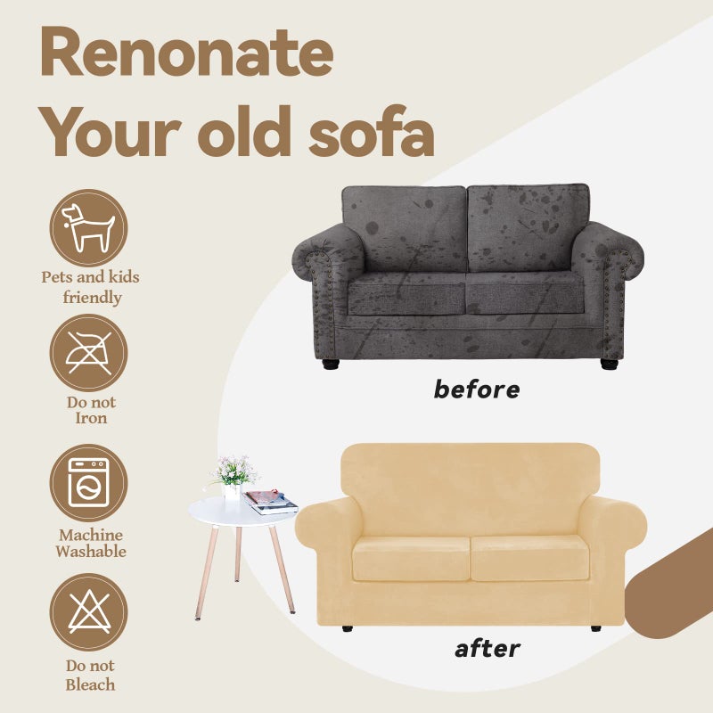 WEERRW Velvet Couch Covers for 2 Cushion Couch Sofa - High Stretch Luxury Velvet Plush 3 Pieces Sofa Slipcovers with Elastic Bottom, Furniture Protector for Pets, Machine Washable, Champagne, Medium - Image 5