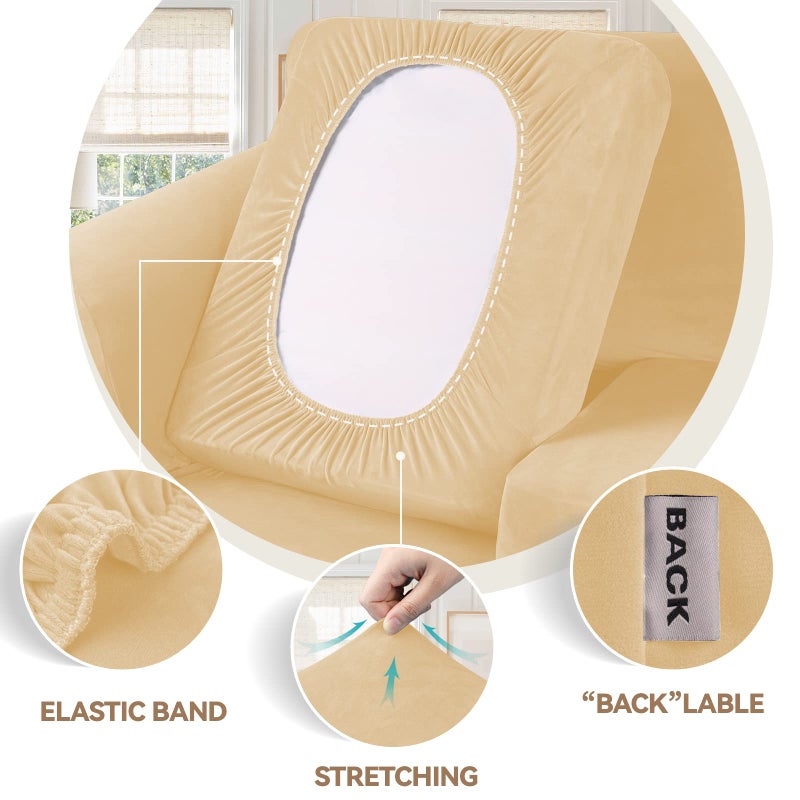 WEERRW Velvet Couch Covers for 2 Cushion Couch Sofa - High Stretch Luxury Velvet Plush 3 Pieces Sofa Slipcovers with Elastic Bottom, Furniture Protector for Pets, Machine Washable, Champagne, Medium - Image 3