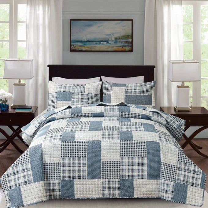 3 PIECE KING SIZE PLAID QUILT SET COUNTRY PATCHWORK BEDDING QUILT LIGHTWEIGHT REVERSIBLE BEDSPREAD COVERLET WITH SHAM SOFT ALL SEASON BED COVERLET SET 1 QUILT 2 PILLOW SHAMS