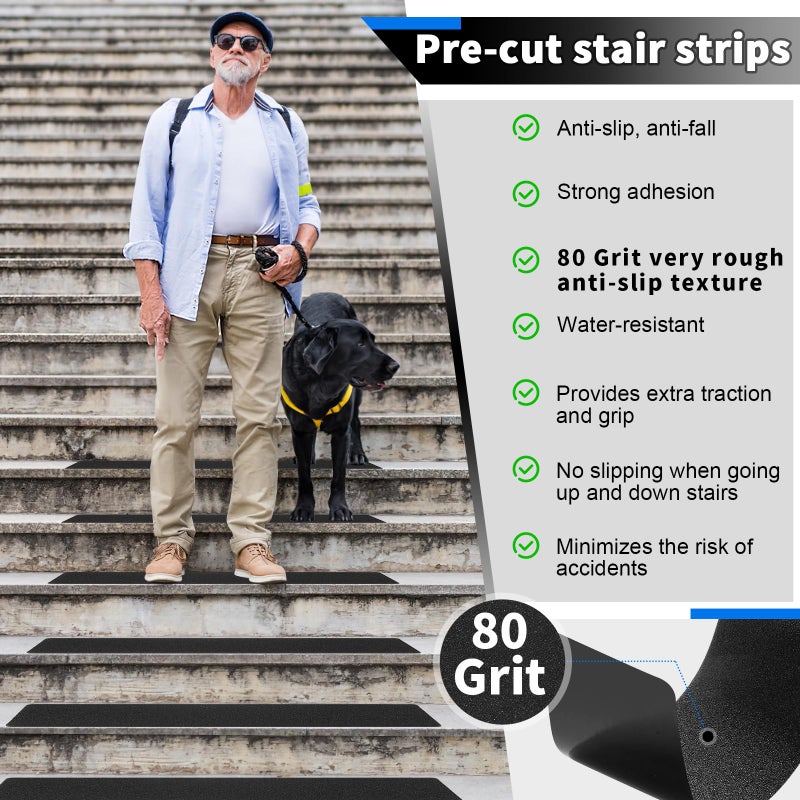 SMILOOL Outdoor Stair Treads Non-Slip Step Strips for Wooden Steps 5 Pack 6â€ x 24â€ Anti Slip Grip Tape Precut for Outside Stairs, Non Skid Stair Tread Mats Weather Resistant for Outdoors, Black - Image 2