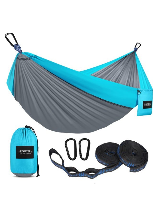 Kootek Camping Hammock Portable Indoor Outdoor Tree Hammock with 2 Hanging Straps, Lightweight Nylon Parachute Hammocks for Backpacking, Travel, Beach, Backyard, Hiking (Sky Blue/Grey, L) - Image 1