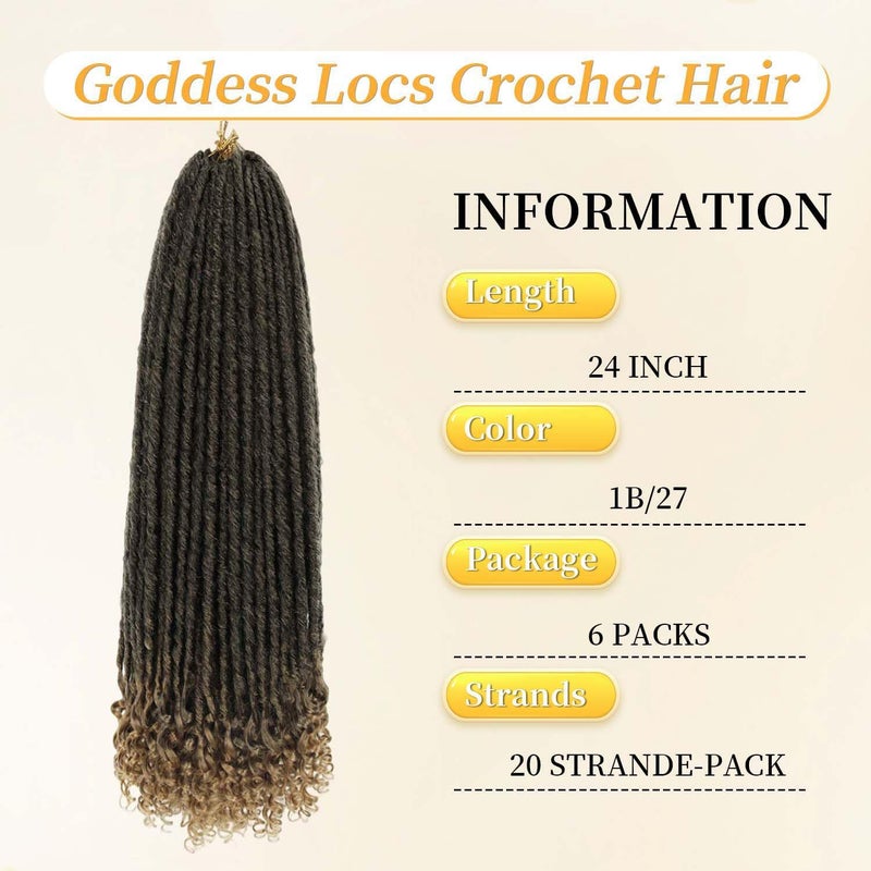 MODERN QUEEN 6 Packs Goddess Locs Crochet Hair, 24 Inch Straight Faux Locs Crochet Braids, Pre-Looped Curly Soft Synthetic Ombre Braiding Hair Extensions for Black Women(24 Inch, 6 Packs, 1B/27#) - Image 3