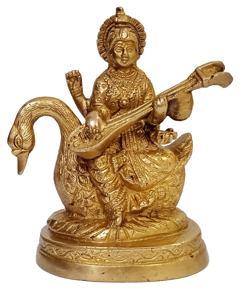 Purpledip Brass Statue Saraswati (Saraswathi): Hindu Goddess of Knowledge, Saraswati Idol Music & Art; Decor Gift (11006) - Image 2
