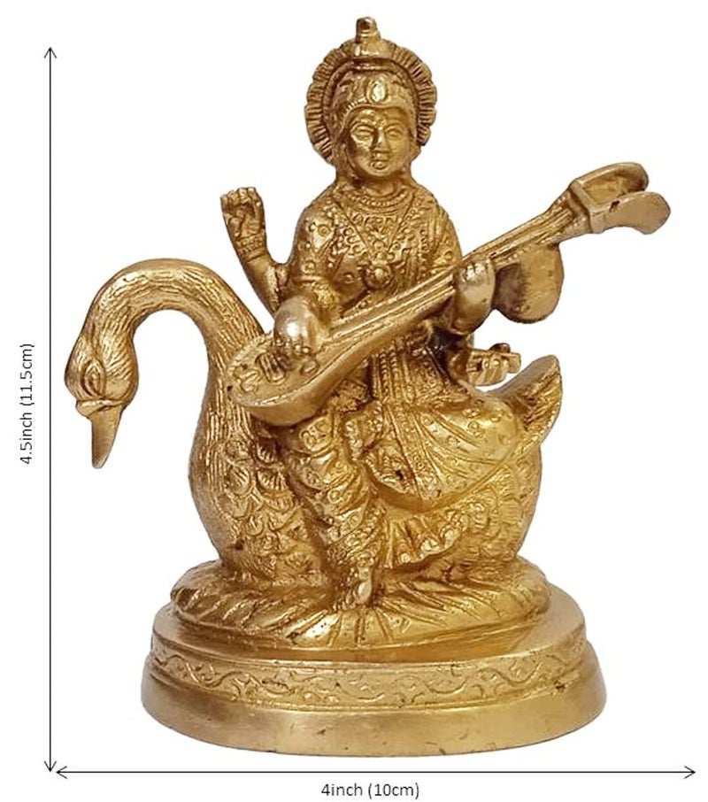 Purpledip Brass Statue Saraswati (Saraswathi): Hindu Goddess of Knowledge, Saraswati Idol Music & Art; Decor Gift (11006) - Image 4