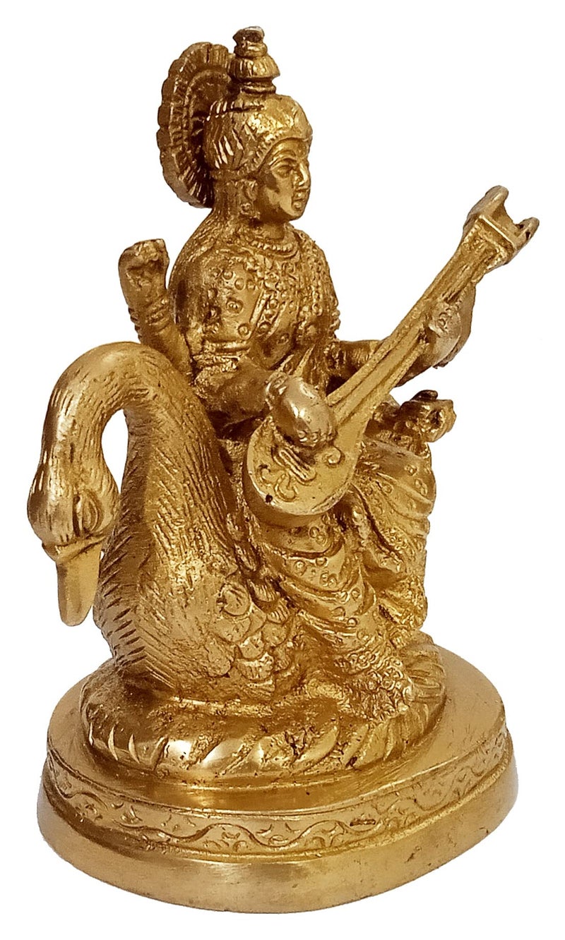 Purpledip Brass Statue Saraswati (Saraswathi): Hindu Goddess of Knowledge, Saraswati Idol Music & Art; Decor Gift (11006) - Image 3