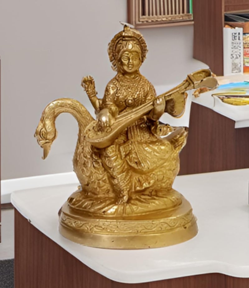 Purpledip Brass Statue Saraswati (Saraswathi): Hindu Goddess of Knowledge, Saraswati Idol Music & Art; Decor Gift (11006) - Image 1