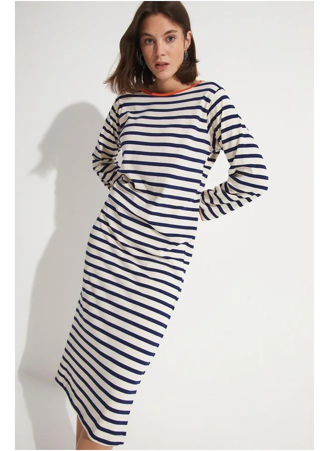 JUNE June Striped Maxi Dress Navy - Ecru