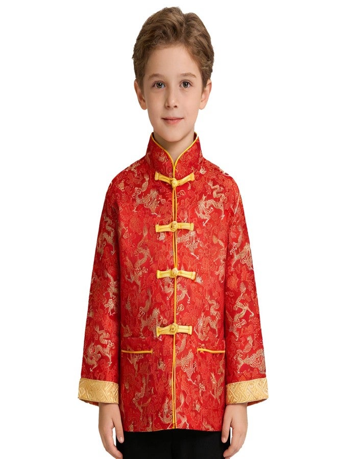 Okbebe Boy Tang Suit Dragon Long Sleeve Shirt Kids Chinese New Year Traditional Button Down Shirt (Red,10-12Y) - Image 2