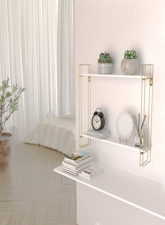 J JACKCUBE DESIGN White and Gold Floating Shelf, 2 Tier Wall Mount Shelves for Modern Wall Décor, Display and Storage for Living Room Bedroom, Bathroom, Kitchen -MK534A - Image 2