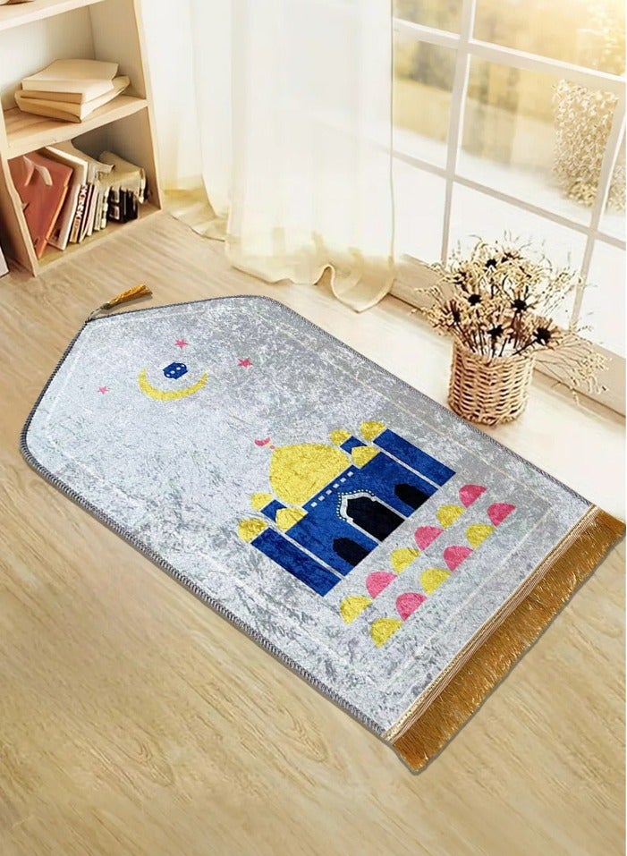 Sunnaltree Prayer Carpet Mat for Kids, Gold Diamond Velvet Prayer Mat, 50x90 cm Portable, Thick with Anti-Slip Bottom, Foldable Prayer Carpet Mat, Multicolor Islamic Prayer rug, Prayer Rug with Tassels, Prayer Mats for Kids (White) - Image 2
