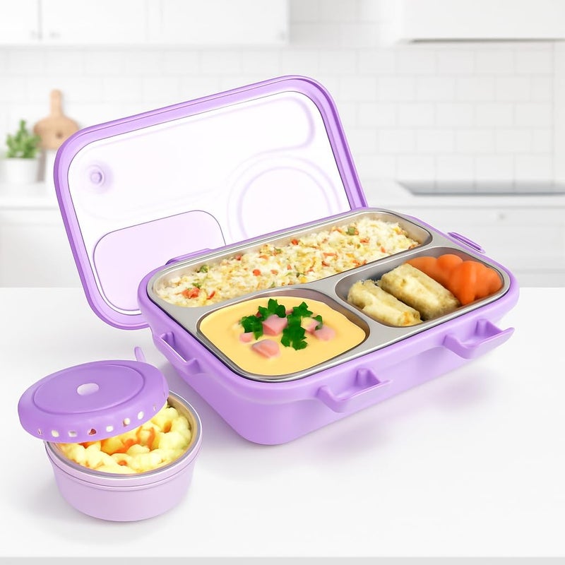 Storio Lunch Box 3 Compartments 750ml | Leak-Proof BPA-Free Stainless Steel Lunchbox for Kids, School & Office | Tiffin Box with Extra Small Container | Durable & Easy to Clean - Purple - Image 1