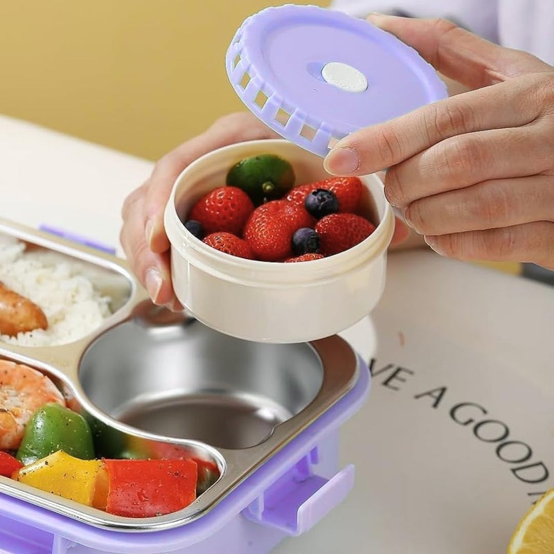 Storio Lunch Box 3 Compartments 750ml | Leak-Proof BPA-Free Stainless Steel Lunchbox for Kids, School & Office | Tiffin Box with Extra Small Container | Durable & Easy to Clean - Purple - Image 2