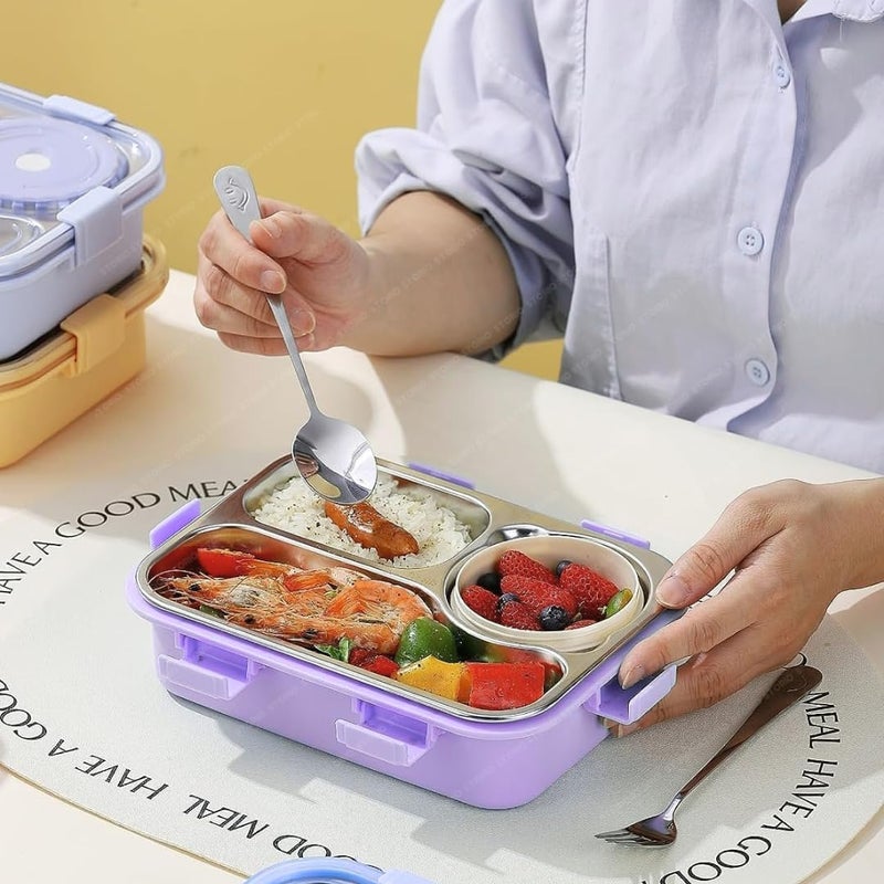 Storio Lunch Box 3 Compartments 750ml | Leak-Proof BPA-Free Stainless Steel Lunchbox for Kids, School & Office | Tiffin Box with Extra Small Container | Durable & Easy to Clean - Purple - Image 4