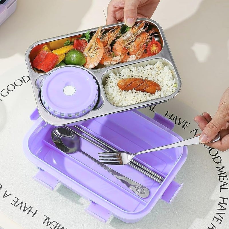 Storio Lunch Box 3 Compartments 750ml | Leak-Proof BPA-Free Stainless Steel Lunchbox for Kids, School & Office | Tiffin Box with Extra Small Container | Durable & Easy to Clean - Purple - Image 5