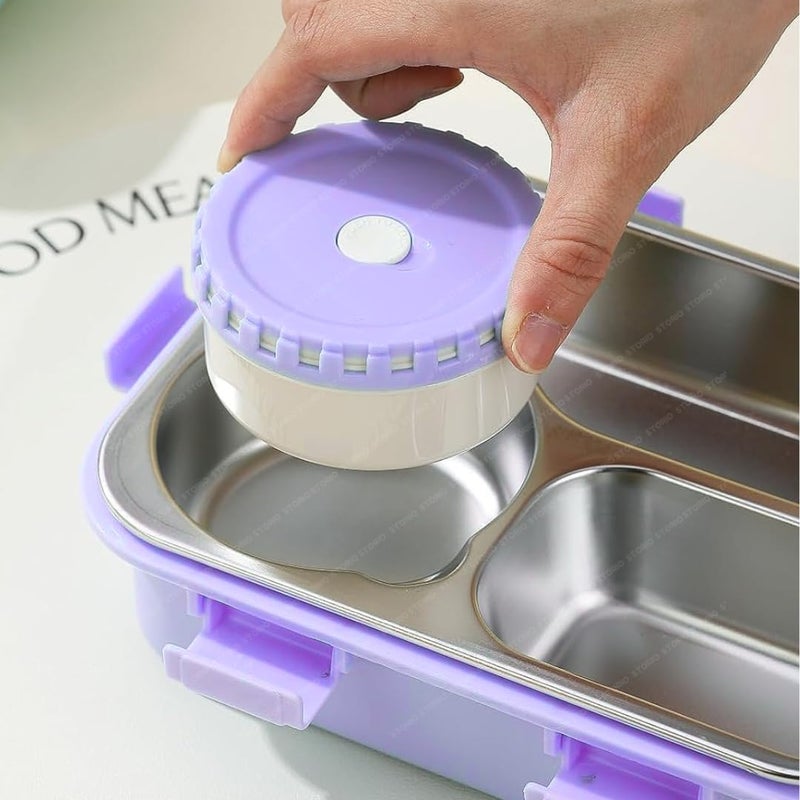 Storio Lunch Box 3 Compartments 750ml | Leak-Proof BPA-Free Stainless Steel Lunchbox for Kids, School & Office | Tiffin Box with Extra Small Container | Durable & Easy to Clean - Purple - Image 3