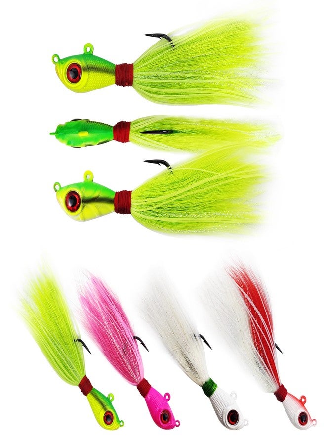Eupheng Glow Bucktail Jigs with Dual Line Hole & Asymmetrical Head, Mustad Hook Big Eye Surf Fishing Hair Jig for Bass Flounder Fluke Striper 1/2oz 3/4oz 1oz 1-1/2oz - Image 1
