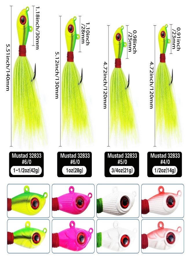 Eupheng Glow Bucktail Jigs with Dual Line Hole & Asymmetrical Head, Mustad Hook Big Eye Surf Fishing Hair Jig for Bass Flounder Fluke Striper 1/2oz 3/4oz 1oz 1-1/2oz - Image 3