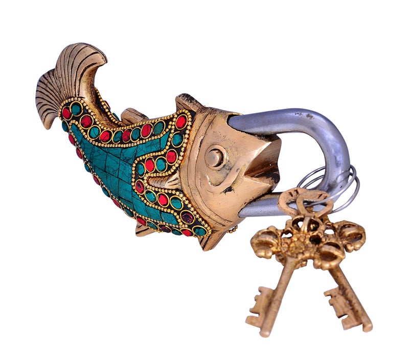 Purpledip Fish Shaped Brass Lock Padlock: Handmade Antique Design with Colorful Gemstone Work; Unique Collectible Combination of Style & Security (10662) - Image 4