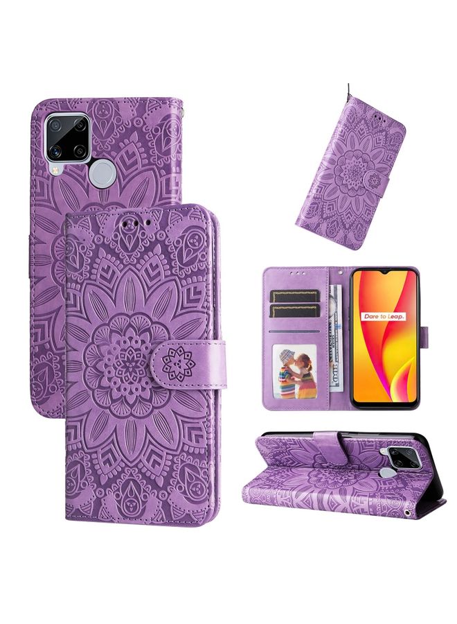HuHa Case Cover For Realme C15 / C12 / C25 Embossed Sunflower Leather Phone Case Purple